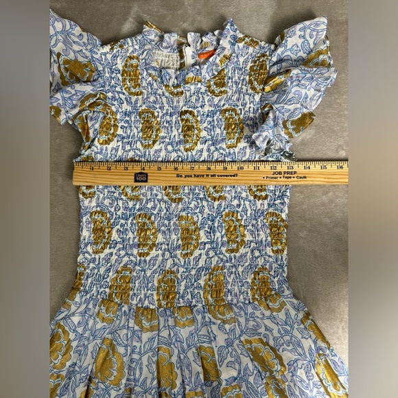 OLIPHANT Smocked Vine Blue Flirty Short Dress Small High Neck Ruffle Cotton - Picture 10 of 14